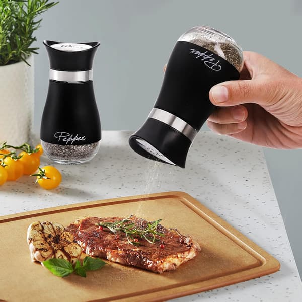 1 sæt salt- og peberstrøer, salt- og pebersæt med klar glasbund, salt- og peberstrøer til køkkengrill (sort)