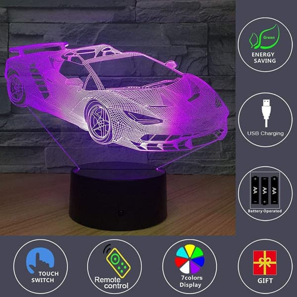 3D-illusionslampe Børnesportsbil 3D-lampe 16-farvet variant