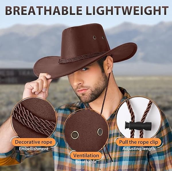 Brun cowboyhat/jægerhat - Polyester - Størrelse 56-58 cm - Bredskygget - Unisex - Til udendørs brug, solbeskyttelse