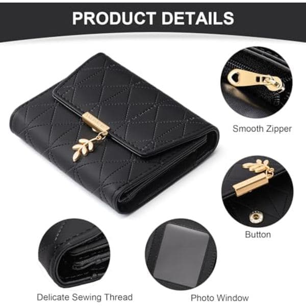 Women's Leather RFID Blocking Card Holder Compact Wallet Zipper Coin Pocket with ID Window