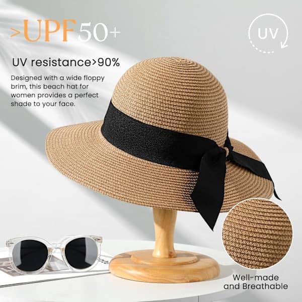 Dame strandhat, UPF 50+ UV-beskyttelse bredskygget sommerstråhat, foldbar og rullebar.