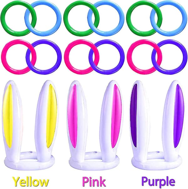 3-pack Easter Inflatable Bunny Ring Toss Game, Easter Bunny Ears Ring Toss Game, Inflatable Toys Gift (3 Sets & 12 Rings)