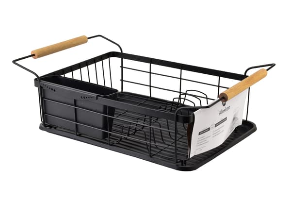 BASIC KITCHEN Oppvaskstativ med trehåndtak – svart metall 50,5x29,8x16,5 cm