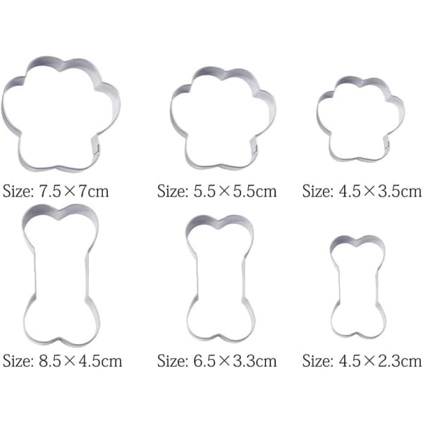 6-delt kakeformsett for hunder, poter og benformer i rustfritt stål, for kjeks, fondant, smørbrød og baking