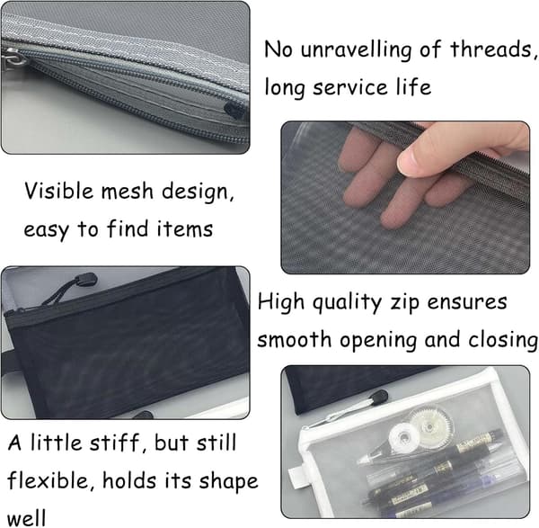 4 PCS Pencil Case Large Capacity, Transparent Pencil Case, Nylon Mesh Pencil Case, Multifunctional Storage Bag (Black/Grey/White/Pink)