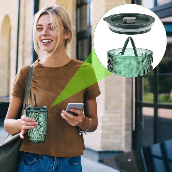 400 ml Green Glass with Lid and Straw, Diamond Design Smoothie Cup, Drinking Jar for Iced Tea, Smoothie, Juice, 2-Pack