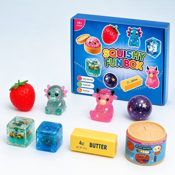 8-delt luksuriøst squishy sensorisk legetøjssæt, assorterede maddyr og glitterklemmelegetøj, stresslindrende fidget gaveæske