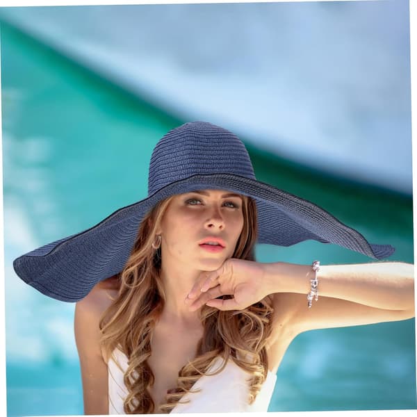 Foldable Beach Straw Hat Women's Sun Hat Wide Brim Bucket Straw Sun Visor for Summer Navy Blue
