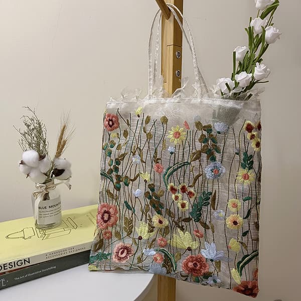Håndbrodert blomstret skulderveske i kanvas med stor kapasitet