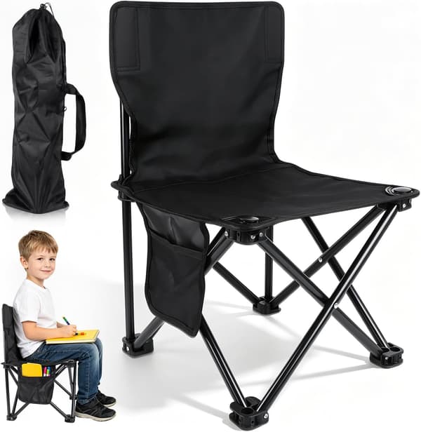 Compact Folding Portable Camping Chair, Folding Stool, Folding Seat with Storage Bag (Black, 33x33x52cm)