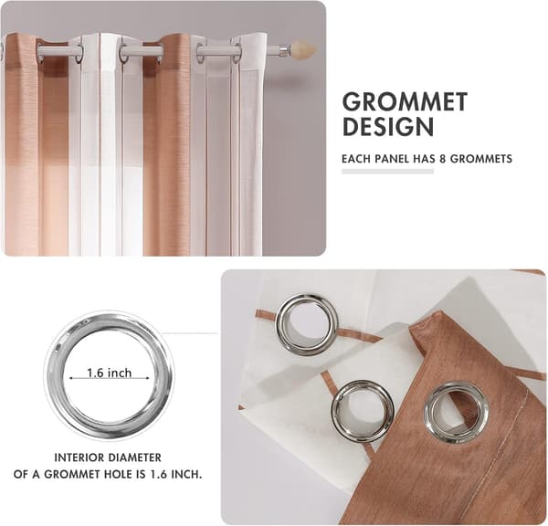 Sett med 2 dekorative 140x225cm hvite+brune transparente gardiner med trykk