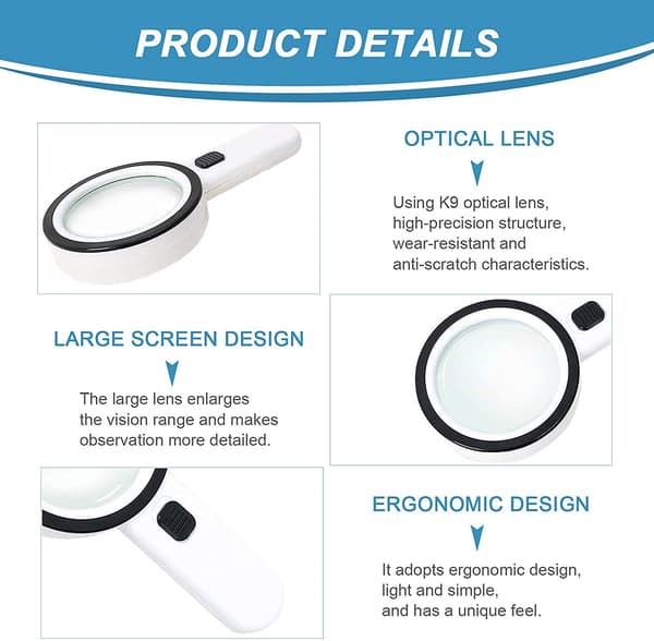 Magnifying Glass with 12 LED Lights, 30x Double Glass Lens Handheld Illuminated Magnifier Reading Magnifier