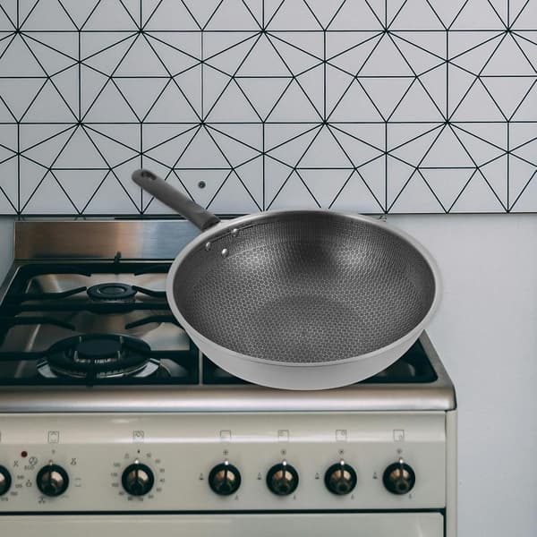 Non-Stick Frying Pan Stainless Steel Wok with Honeycomb Structure Bakelite Handle Heat Retention