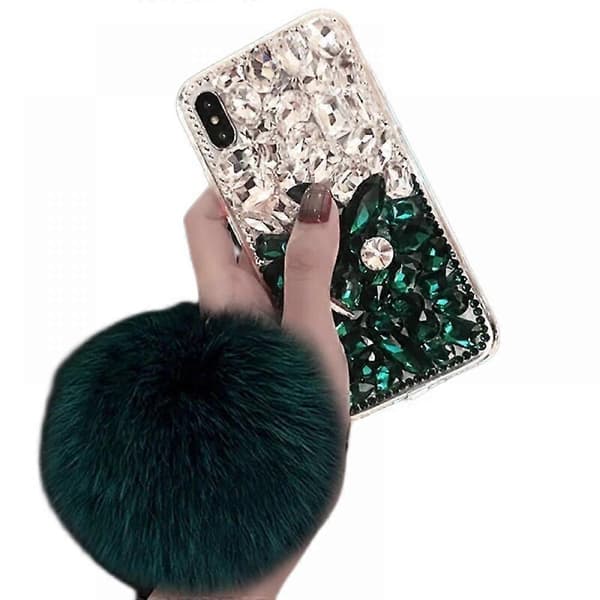 Mobilskal med hårboll, lyxigt glänsande strass-mobilskal för iPhone 13 Pro Max, klar grön)