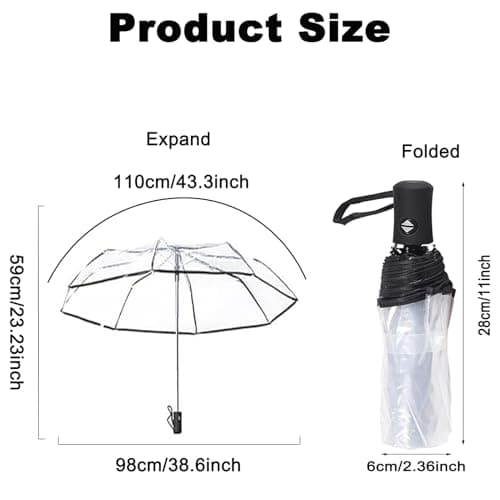 Automatic Open Close Clear Umbrella, Compact Foldable Transparent Umbrella, Windproof Travel Umbrella with 8 Ribs for Women Men (Black)