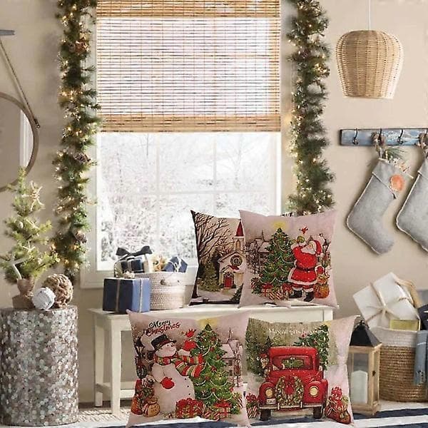 Julkuddfodral 45 x 45 cm Set om 4 Vinterdekor Kuddfodral Bondgård Snögubbe Jultomte Kuddfodral God Jul