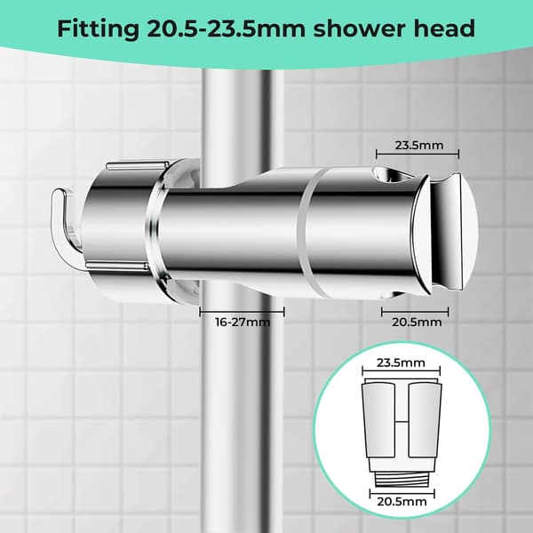 Dusjhodeholder med 2 kroker for 20,5-23,5 mm dusjhoder, justerbart dusjhodefeste for 16-27 mm glidestang