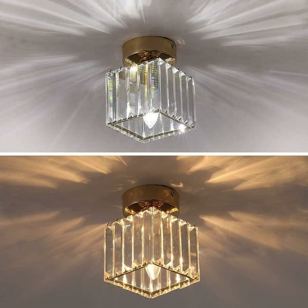 Crystal Ceiling Lamp, 60W Mini Square Chandelier Flush Mount Modern Foldable Close to Ceiling Light, Dining Room Bedroom Kitchen Corridor Yard