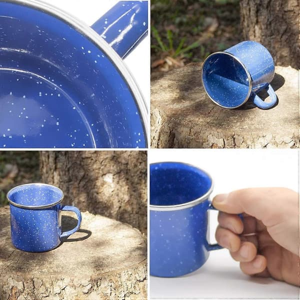 Emajlkopp, utomhusmugg, campingmugg, kaffemugg, metallmugg, klassisk formskön design, blå med vita prickar 300ml