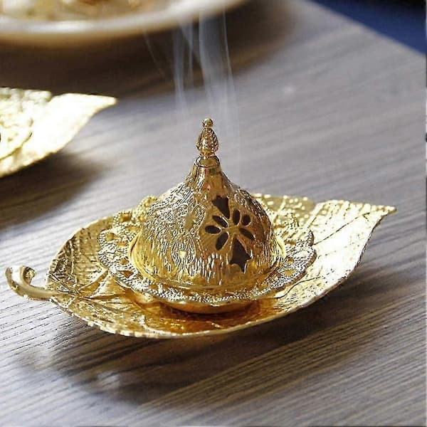Røgelsesholder, metal røgelsesbrænder, gyldne blade, tårn, aromakogler, oliefad til Ramadan Eid Mubarak-pynt (2 stk, guld)