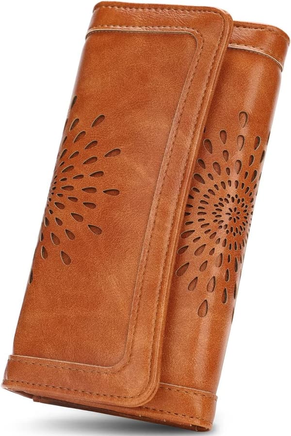 Women's Wallet RFID Blocking Leather Wallet Card Holder Trifold Wallet Clutch Cutout Sunflower Design