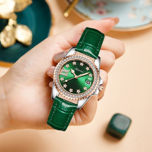 Quartz watch diamant vatten spökbälte vattentätt enkel kalender dam liten grön watch watch grön -A