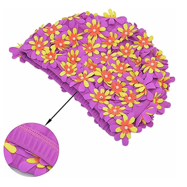 Badehette med blomstertrykk, retrostil, for kvinner, lilla