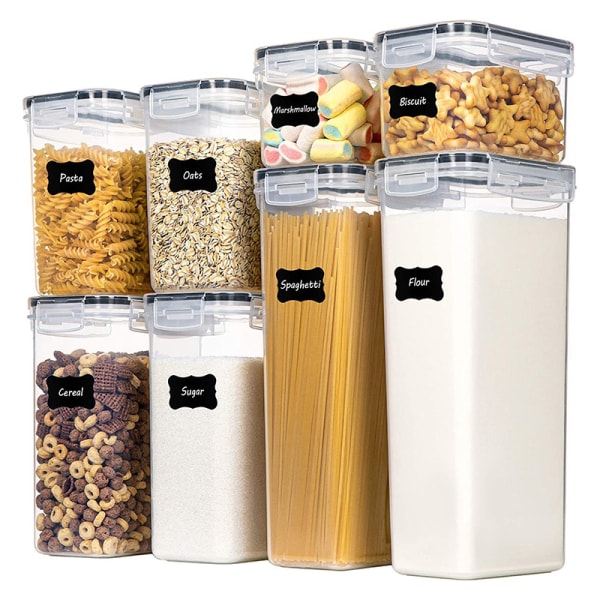 Ilmatiivis elintarvikkeiden set , 5 muovisen keittiön organizer purkkien set viljaa, jauhoja ja leivontatarvikkeita varten