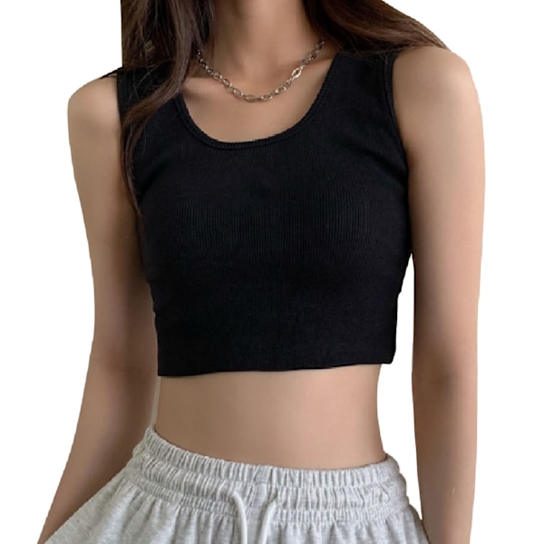 Dam Sport Linne Ribbstickat Mjuk Andas Slim Fit Lady Summer Ärmlös Topp för utomhusträning Shopping Svart L