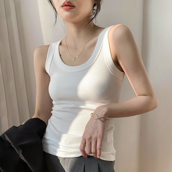 Högkvalitativ ribbad bomullstanktopp för kvinnor, täcker sidobrösten, slim fit, lämplig för inner- eller ytterkläder för att förhindra exponering white XL