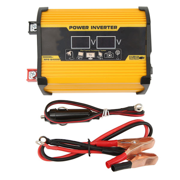 Modificeret sinusbølge inverter 12V til 110V med dobbelte USB-porte Spændingsdisplay Køretøj Strøminverter til biler Gul