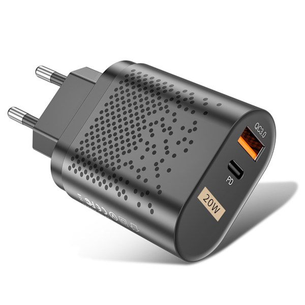 QC3.0 PD Hurtiglader 20W Dobbelt Port QC3.0 USB PD Ladehovedadapter til IOS 13 12 Sort EU Standard