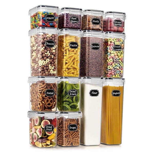 Lufttät matförvaringsbehållare set, set med 14 plastburkar för organizer för spannmål, mjöl och baktillbehör