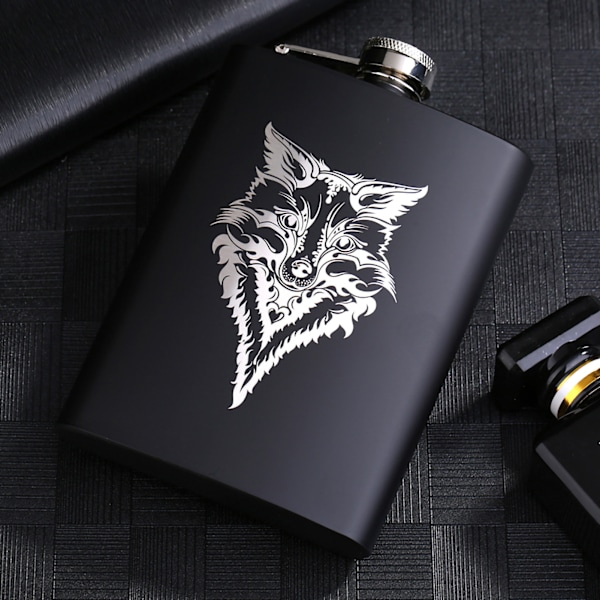 Portable Stainless Steel Whisky Flask - Black Matte Finish (8 oz) | Ideal for Outdoor Travel | Wolf Design | Item Code: 1862842WT