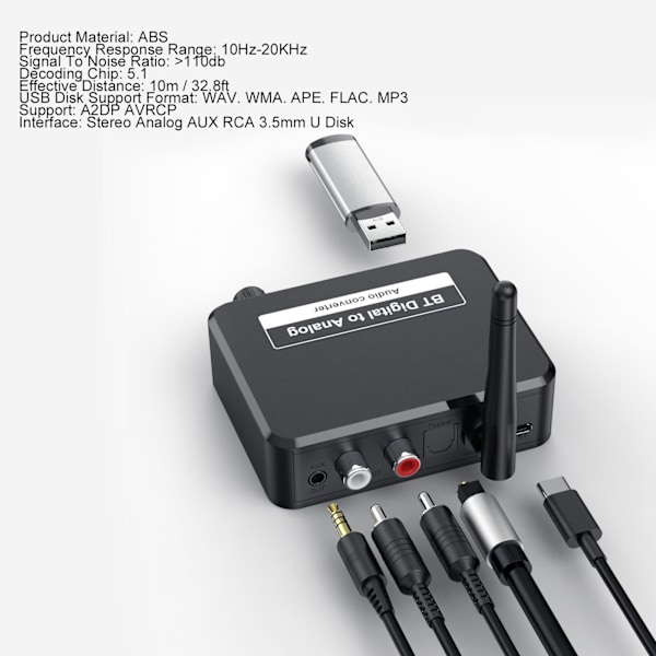 Digital til Analog Audio Converter Bluetooth 5.1 RCA Digital til Analog Mottaker Converter for PS3 for PS4 DVD Hjemmekino