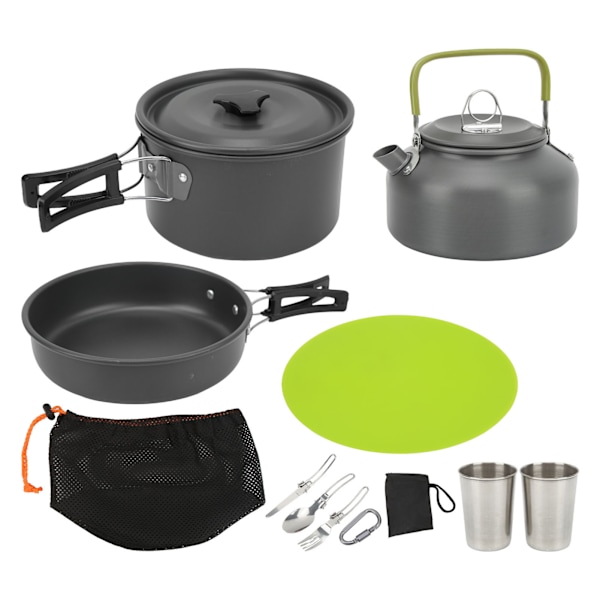 Camping Köksredskap Mess Kit Bärbar Camping Matlagning Set för Backpacking Pot Pan Tekanna Vikbar Gaffel Kniv Sked Kit Svart