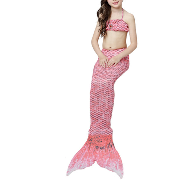Girl Fish Tail Baddräkt Slips Halter Neck Slim Fit Mjuk Flexibel Barn 3-delads badkläder Set för Pool Party Strand Vattenmelon Röd 120cm/47.2in