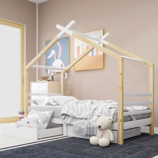Ny produkt] Barnsäng hus säng med låda massivt trä spjäl vit + trä färg  (90x200cm) 0460 | Fyndiq