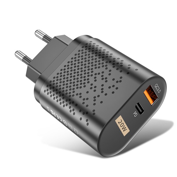 QC3.0 PD Hurtiglader 20W Dobbelt Port QC3.0 USB PD Ladehovedadapter til IOS 13 12 Sort EU Standard