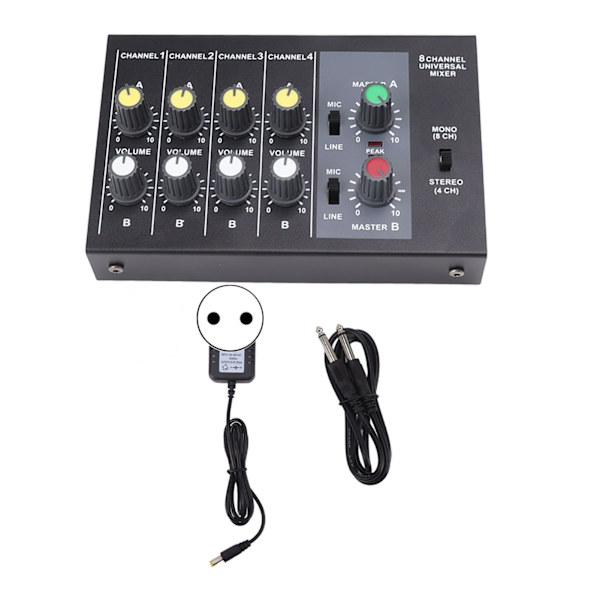 Mini Sound Mixer 8 In 2 Out 4 Channel Stereo och 8 Channel Mono Microphone Line Mixer för Studio Scen Small Clubs Bar 100 till 240V EU-kontakt