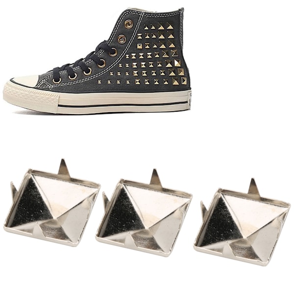 Firkantede pyramide-nitter - 100 stk, 4 metal knapper til armbånd, tøj, sko, håndtasker - sølv, 12 mm