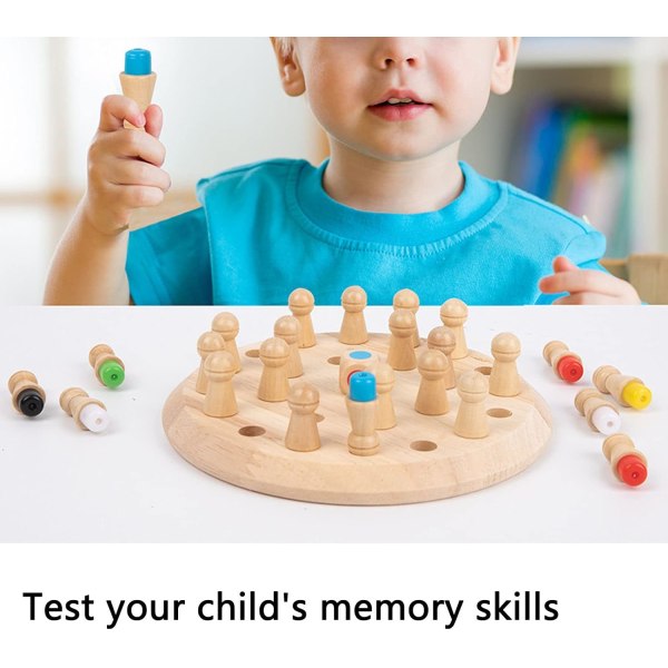 Fargerik minnesjakk i tre, fint håndverk, samhandling mellom foreldre og barn, stimulerende oppmerksomhet og minnekonkurranse, barnesjakk