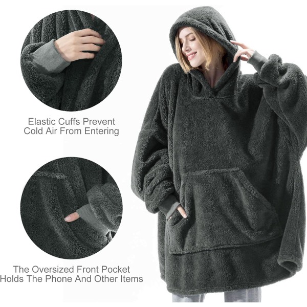 Hoodiefilt, Oversized Sherpa Hoodie, Bärbar Hoodie Sweatshirt Filt, Super Soft Warm Mysig filt Hoodie, One Size Passar Alla Vuxna dark gray