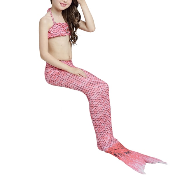 Girl Fish Tail Baddräkt Slips Halter Neck Slim Fit Mjuk Flexibel Barn 3-delads badkläder Set för Pool Party Strand Vattenmelon Röd 120cm/47.2in