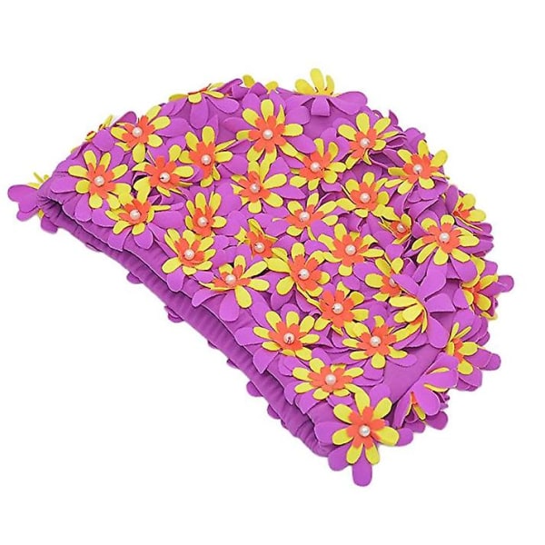 Badehette med blomstertrykk, retrostil, for kvinner, lilla