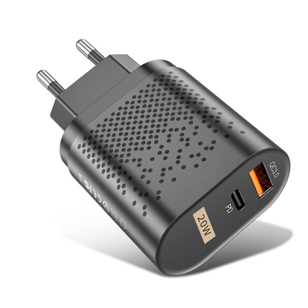 QC3.0 PD Hurtiglader 20W Dobbelt Port QC3.0 USB PD Ladehovedadapter til IOS 13 12 Sort EU Standard