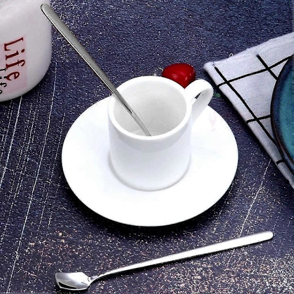Kaffeeske i rustfrit stål, firkantet dessertske med langt håndtag, teske til dessert, espresso, iste (4 stk., sølv)