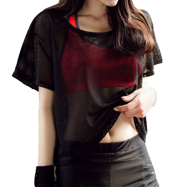 Mesh Cover Up Top Kortærmet Hurtigtørrende Loose Fit Dame Mesh T-shirt til sommer Fitness Yoga Cykling Sort S