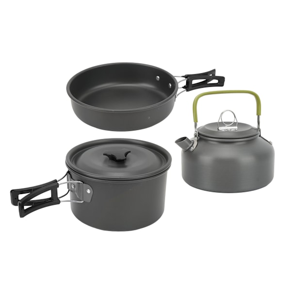 Camping Köksredskap Mess Kit Bärbar Camping Matlagning Set för Backpacking Pot Pan Tekanna Vikbar Gaffel Kniv Sked Kit Svart