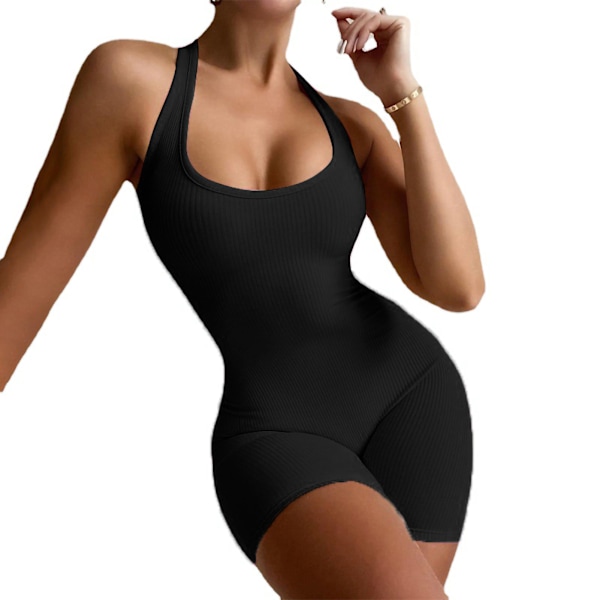 Dame Sport Jumpsuit One Piece Linne Høy midje Ermeløs bodysuit for Fitness Running XL Svart